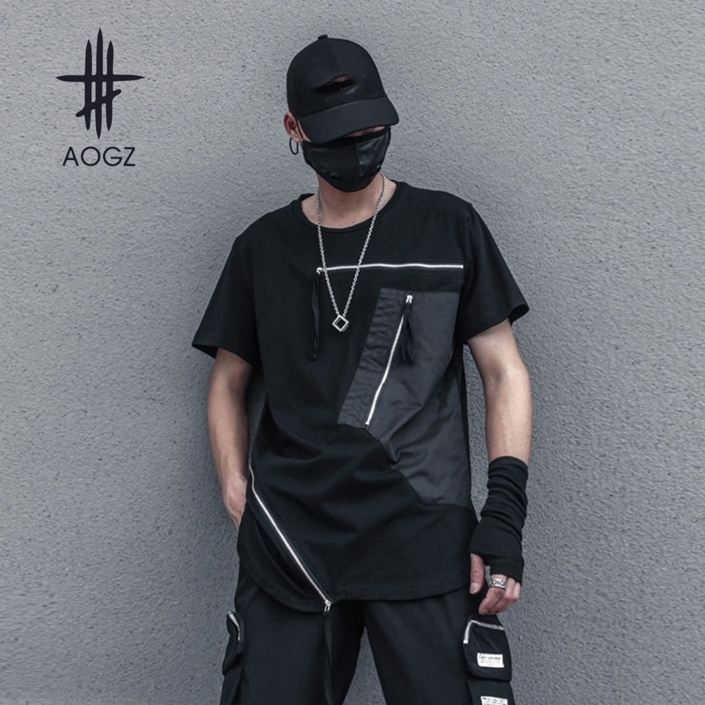 AOGZ Functional Stitching Cargo T-shirt Men High Street Summer Loose Zipper Short Sleeves Tops Tees Hip Hop Streetwear Techwear