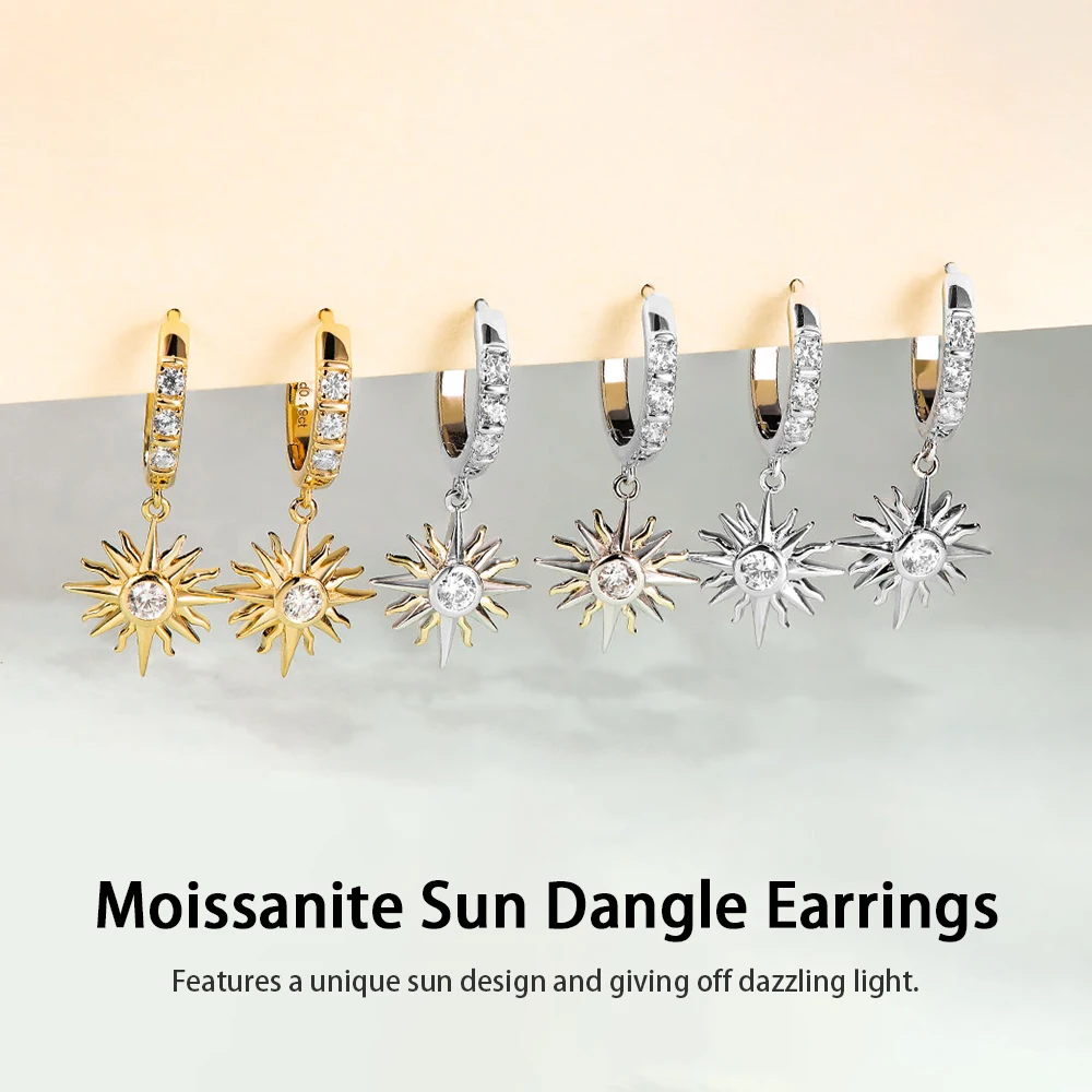 

ANDH Moissanite Pendent Huggie Hoops Earrings for Women Sunburst Deign Dainty Dangle Hoop Earrings Party Fashion Jewelry Gift