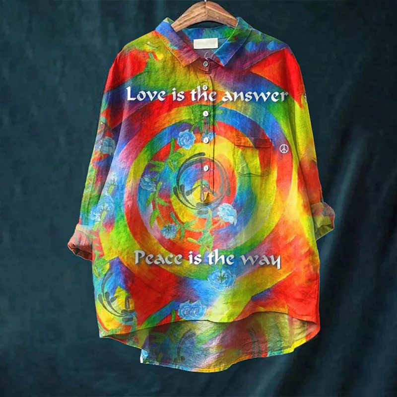 

Осенние женские рубашки, Повседневная рубашка в стиле ретро с радужным рисунком, длинным рукавом и карманами, Рубашки В гавайском стиле с принтом и V-образным вырезом, женские топы