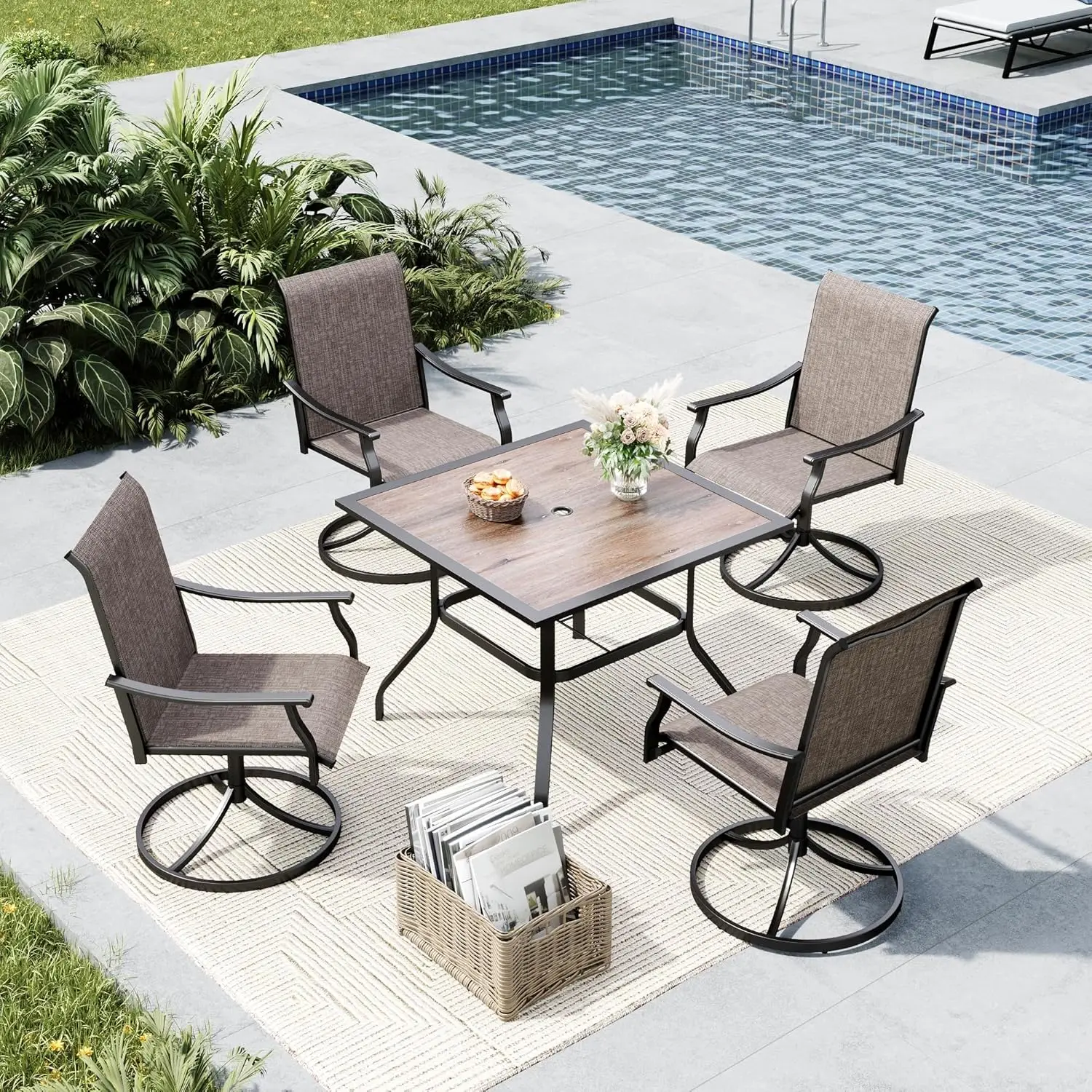 

Outdoor Patio Dining Set for 4, Outdoor Patio Set with 37"x 37" Square Wood Grain Table, 4 Swivel Patio Chairs,Customized