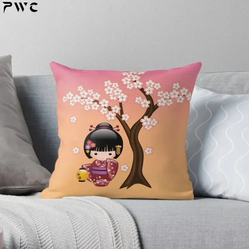 Japanese Sakura Kokeshi Doll Throw Pillow Customized Hot Sale Luxury Printing Printing Square Pillowcase 45x45cm