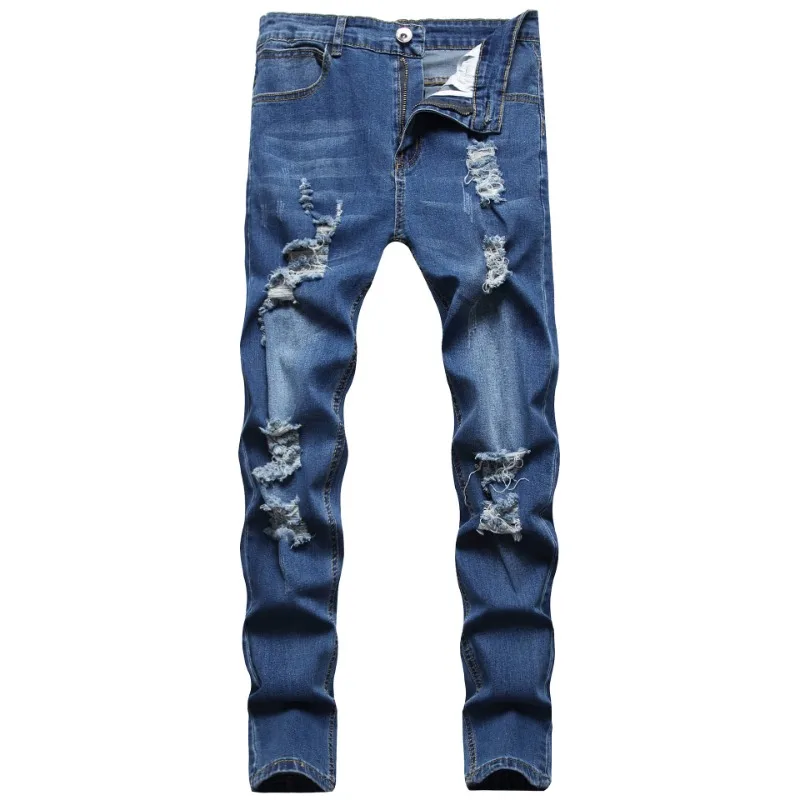 

Foreign Trade European ， American New Men's Holes Whitening Slim-fitting Denim Trousers Fashionable and Old Casual Trousers Men