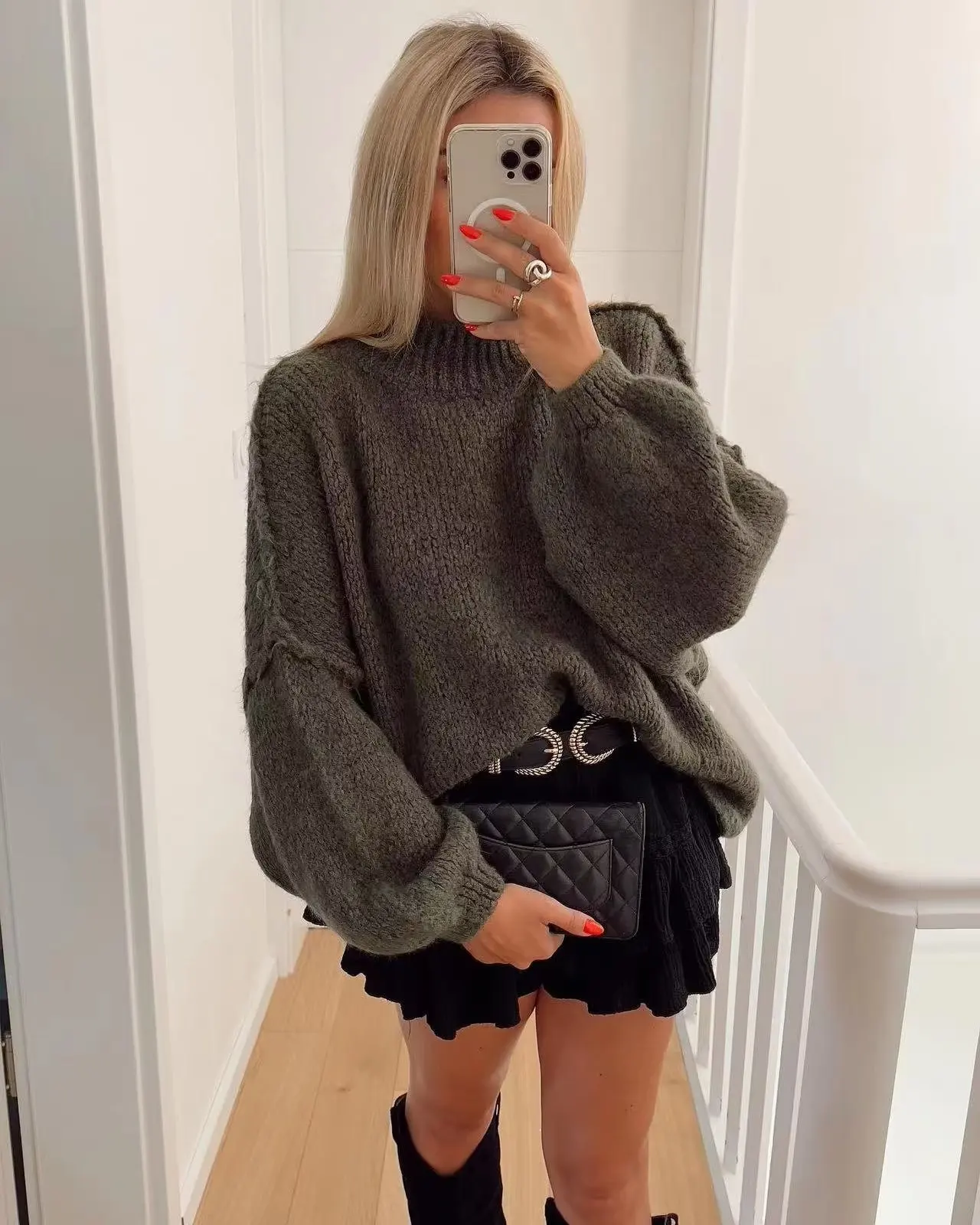 Fashion Lantern Long Sleeve Women Loose Sweater Solid Female Half High Collar Chic Knit Pullover 2023 Autumn Streetwear Knitwear