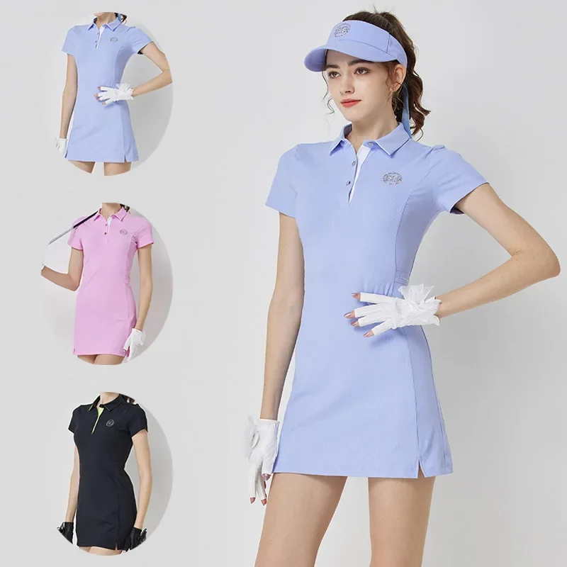 

Blktee Women Elastic Slim Golf Dress Lady Breathable Short Sleeve Sport Dress with Inner Short Anti-light High Waist Golf Skirt