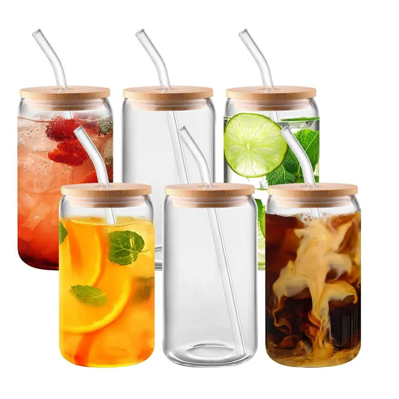 

6Pcs Drinking Glasses with Bamboo Lids and Glass Straw 16Oz Can Shaped Glass Cups for Beer,Ice Coffee,Cute Tumbler Cup