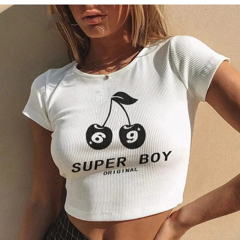 2024 O Neck Knit Graphics Print White Crop Top Women Summer Casual T Shirt Basic Sexy Streetwear Ribber Y2k Short Sleeve Tops