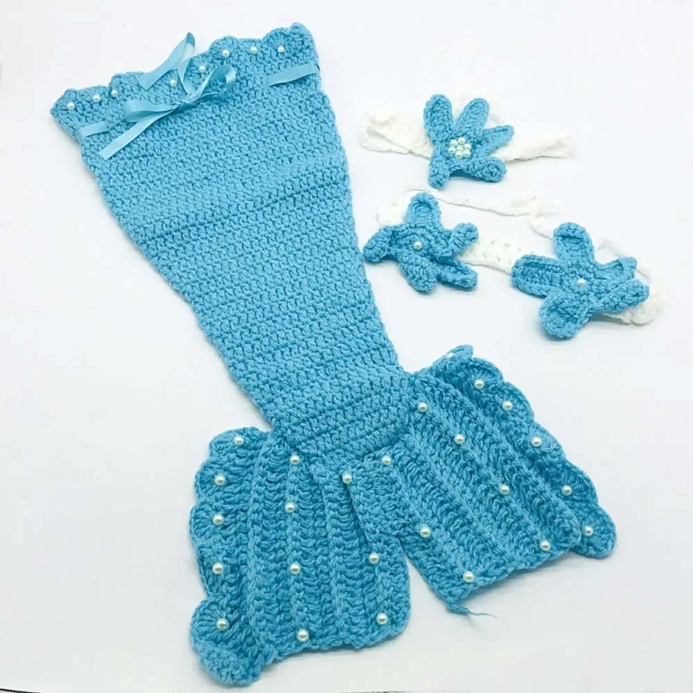 3 قطعة/المجموعة الإبداعية الطفل حورية البحر زي مجموعة لينة اليدوية الطفل صور الدعائم رباط شعر قابل للغسل الرضع محبوك زي #4