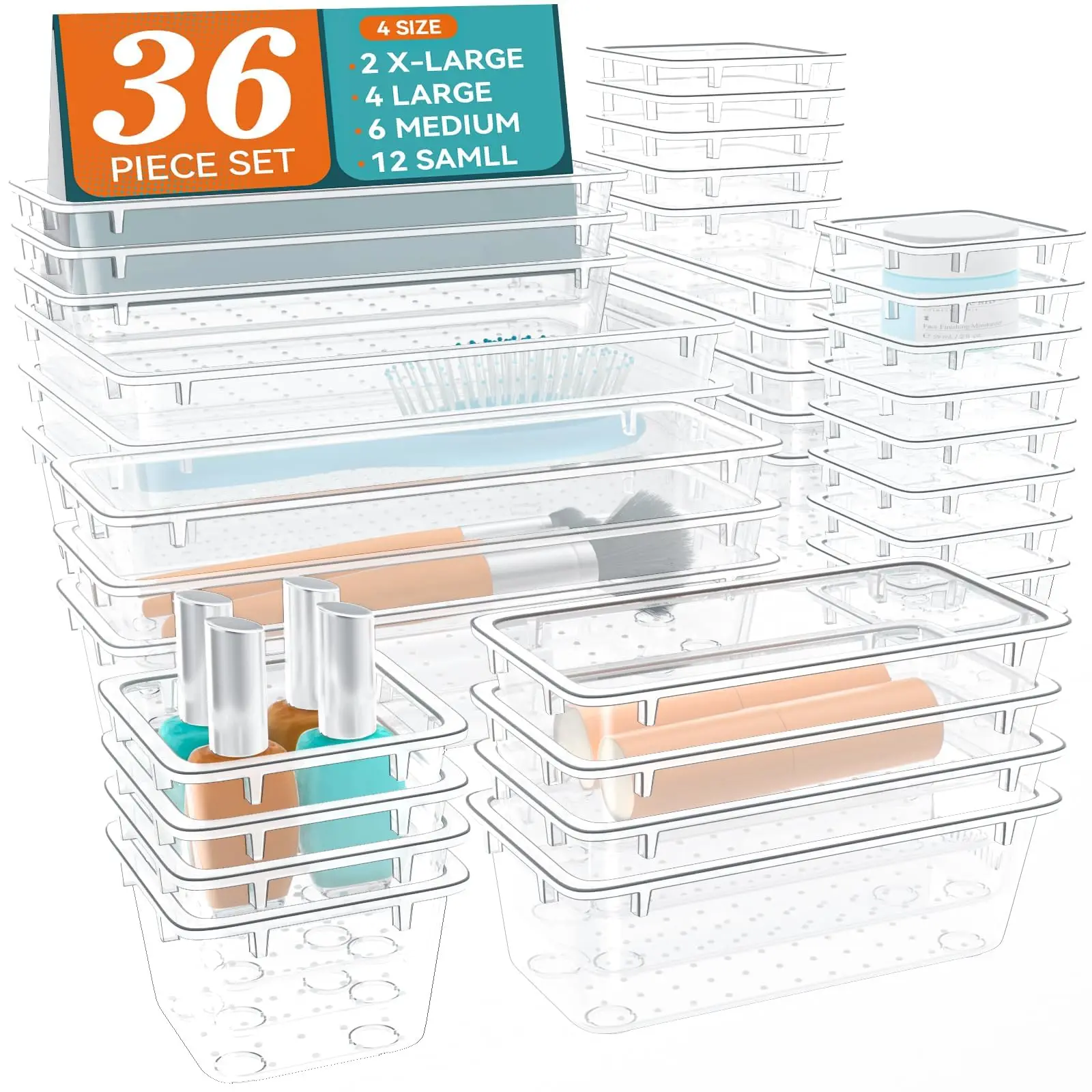 Organizadores de Cajones (36 Piezas), Contenedores Transparentes de Plástico para Almacenamiento en Baño y Tocador, Organización del Hogar para Maquillaje, Kit
