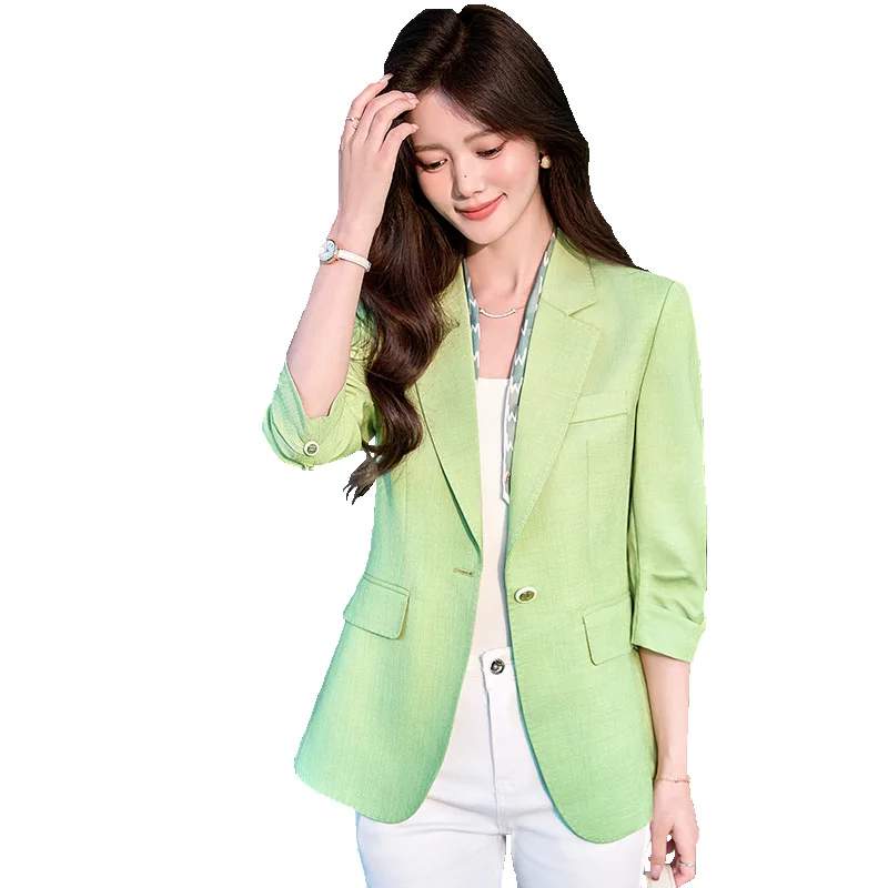 Fashion Thin Blazer Women New Summer Temperament Three Quarter Sinlge Button Formal Jacket Office Ladies Work Coat