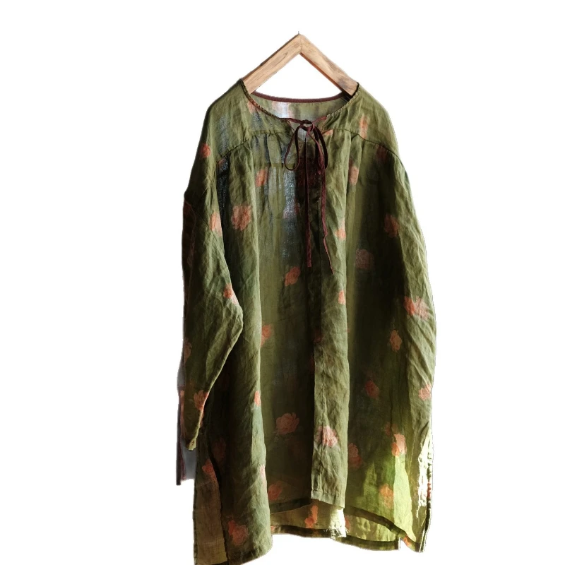 

Oversized Middle Length Women Printed Ramie Shirt New Arrival 2026 Spring Vintage Batwing Sleeve Loose Female Thin Tops Shirts