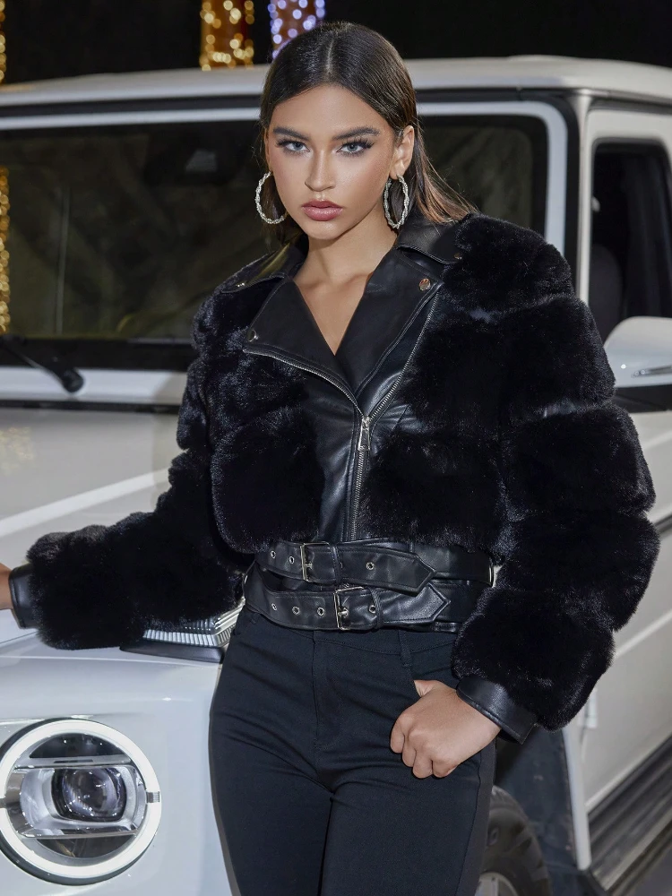 Notched Collar Faux Fur Coat Zipper Short Black Plush Coat Warm Thick Leather and Fur Faux Fox Furry Jacket Fluffy Luxury Street