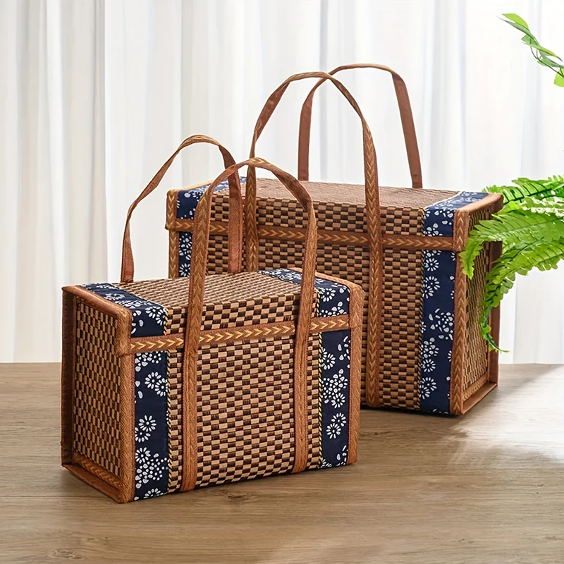 1pc Handmade Weaving For Picnics Handbag Pure Ecology Handmade Woven Bamboo And Grass Bags Gift Packaging Portable Bamboo Basket