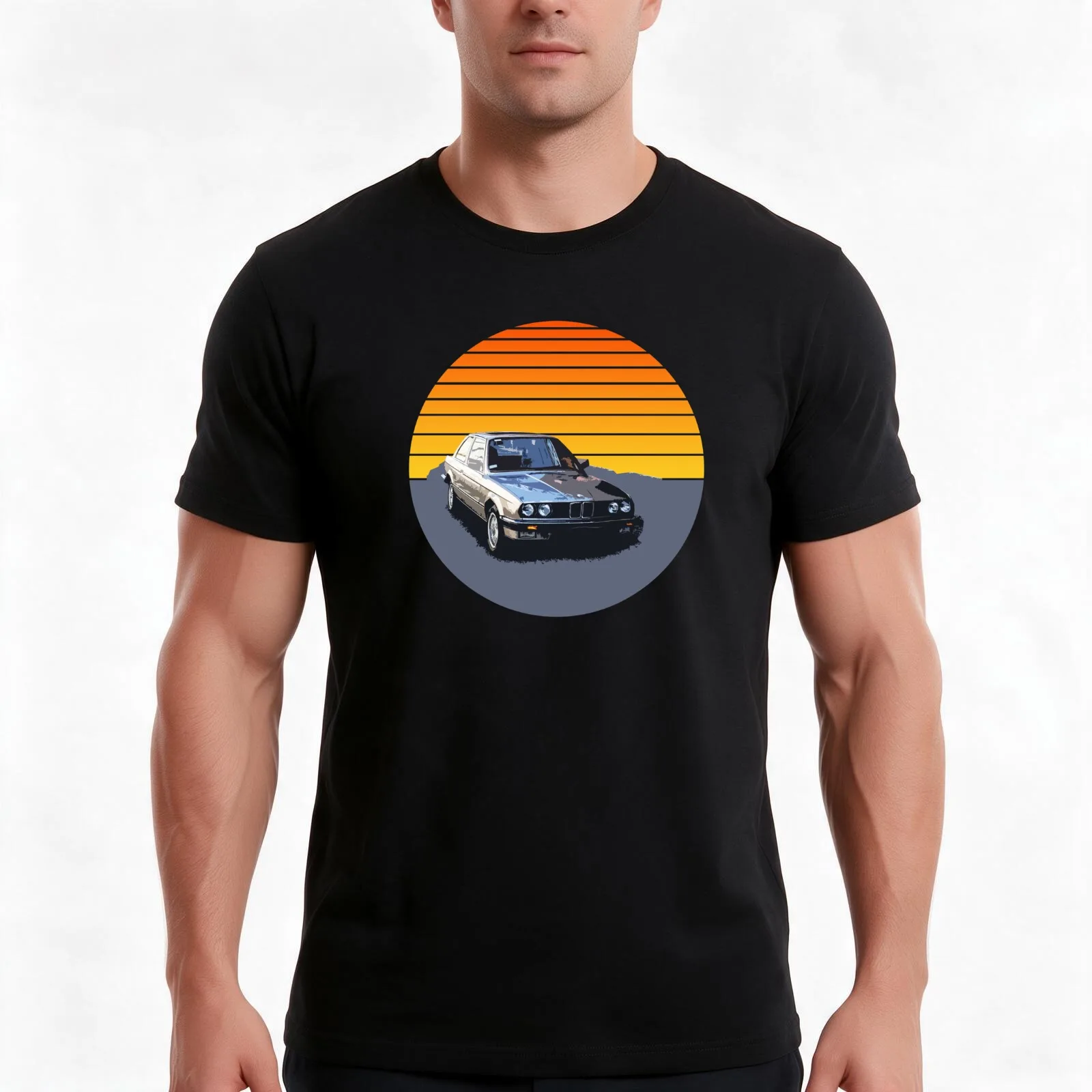 Drawing of an old classic car on sunset T-Shirt, Summer Casual Cotton Tee, Oversized Streetwear Tops, Vintage Graphic Print
