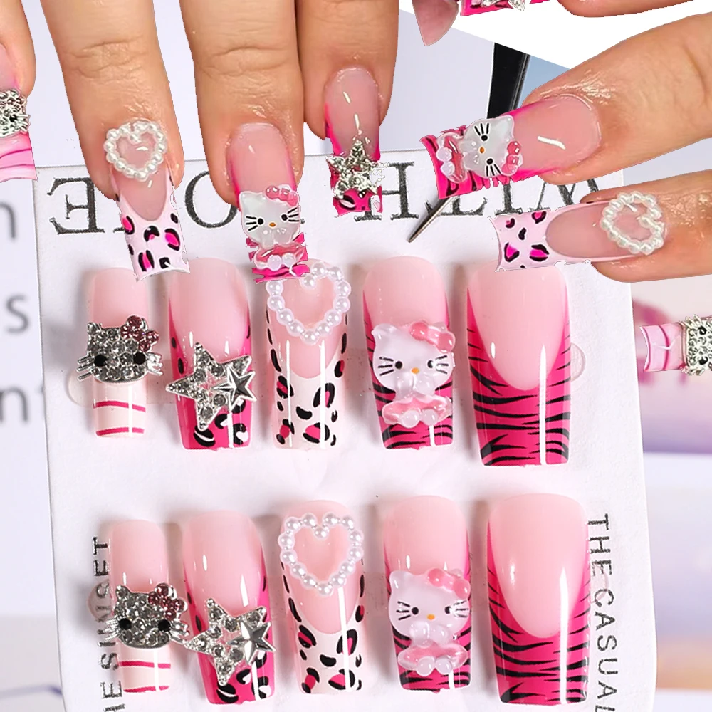 

24 шт. розовый леопардовый Hello Kitty Press On Nails Y2K French Leopard Kitty Накладные ногти ручной работы 3D Resin Kitty Cat и Pearl Heart Nails