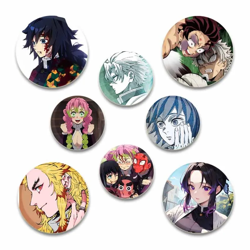 Broches redondos de Anime Demon Slayer de 58/32/44mm, alfileres de solapa de dibujos animados, insignias de Cosplay, mochila, bolsa de ropa, accesorios de joyería, regalos