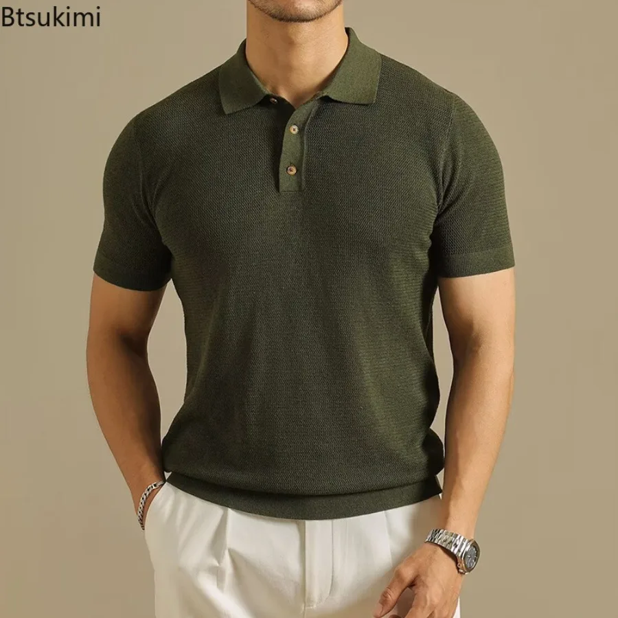 2026 Men's Vintage Slim Polo Shirts Knitted Short Sleeve Button Lapel Knit Polo Shirt Summer Casual Solid Color Ribbed Knit Tops
