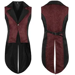 Wine Red Floral Jacquard Steampunk Gothic Vest Men One Breasted Medieval Victorian Sleeveless Tailcoat Cosplay Prom Costumes