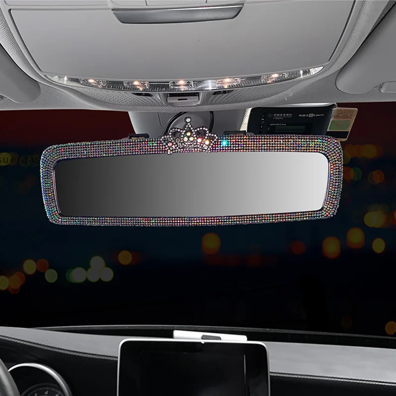 Crown Bling Crystal Frame Rearview Mirror Auto Decoration Woman High Definition Rear View Mirror Girly Car Accessories Interior