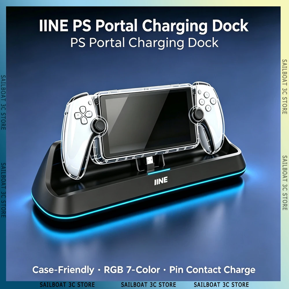 IINE Charging Dock for PlayStation Portal PS5 Remote Player Charging Station Case-Friendly Type-C Adapter RGB LED Touch Button