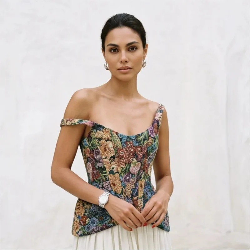 Blumendruck Cami-Korsett-Top mit dünnen Trägern, U-Ausschnitt, strukturierter Taille, spitzem Saum, Vintage 2026 Frühling Sommer Urlaub Damen Chic Top