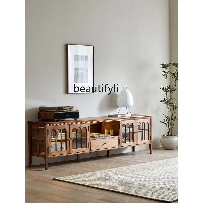 

2003Шкаф для телевизора в стиле ретро из массива дерева, низкий шкаф для гостиной, шкафчик из орехового стекла со световым комодом для гостиной