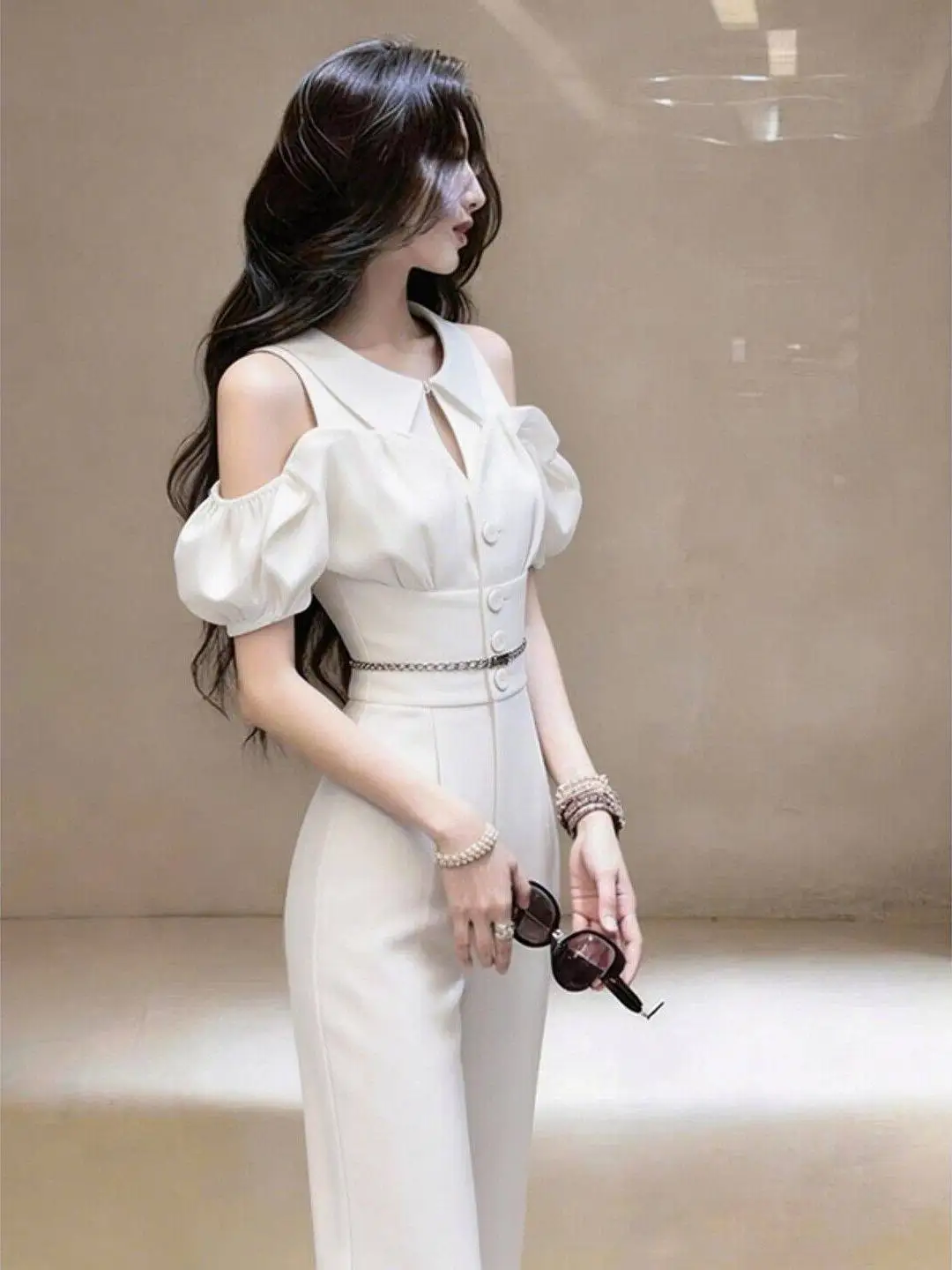 White Bubble Sleeve Jumpsuit Women's New 2026 Summer Elegant Goddess Style Formal Occasion Beautiful One-Piece Pantsuit