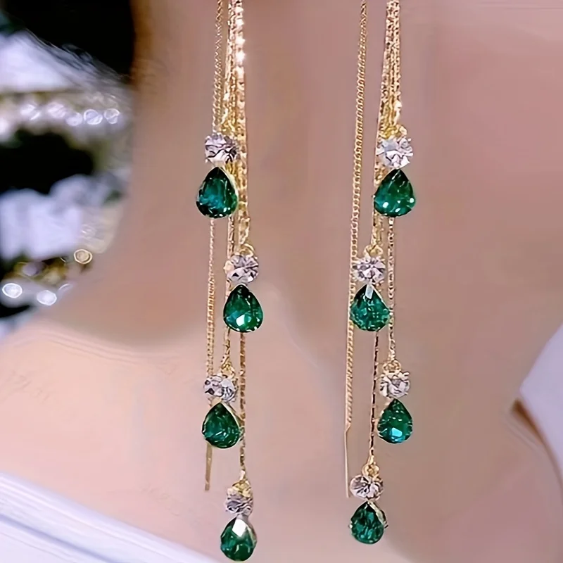 Pendientes de lujo con circonita verde y borlas largas de diamantes de imitación para mujer, estilo coreano, joyería para bodas y fiestas.