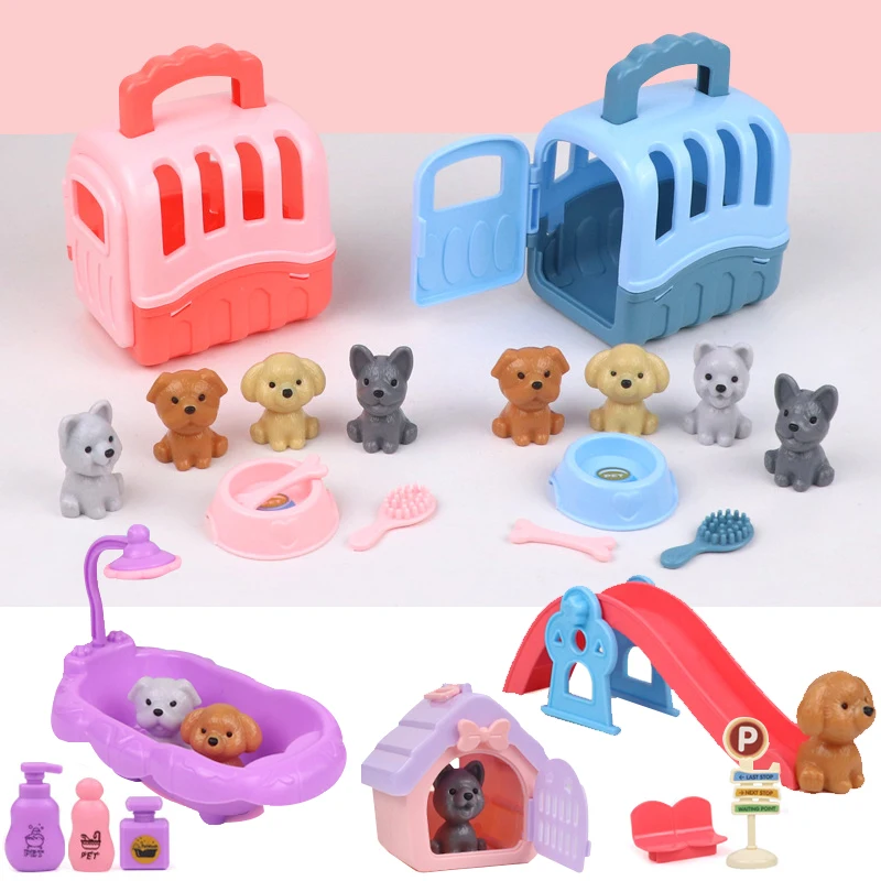 Cute Dog Pet Basket Family Toys Dog Doll Set Dog Cage Toys Scene Playing Toys Christmas Decoration and Thanksgiving Gifts