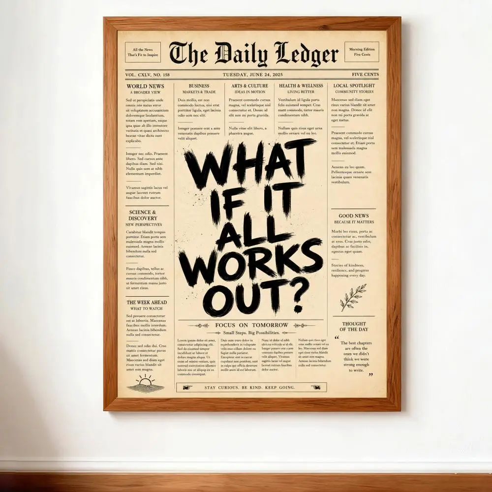 Newspaper Poster What If It All Works Out Poster Minimalist Positive Quote Canvas Wall Art, Neutral Dorm Prints