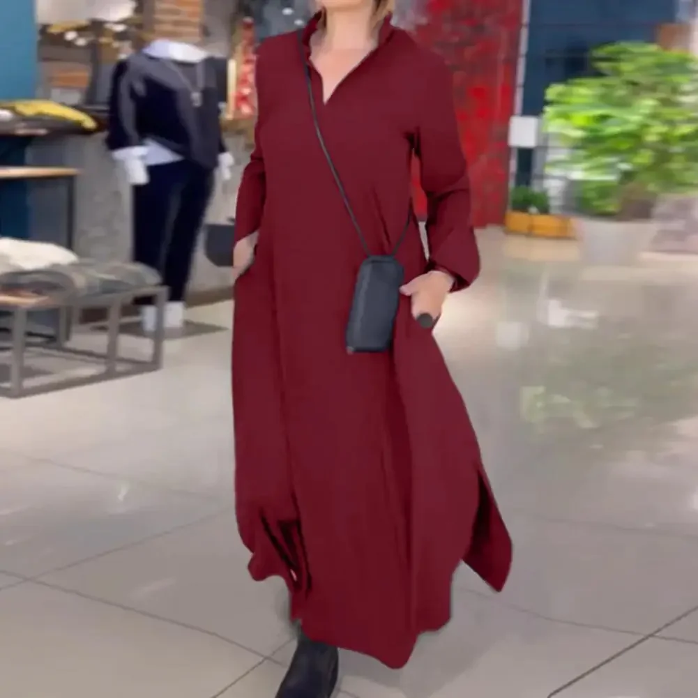 

Women Maxi Dress Lapel V Neck Split Hem Long Sleeve Dress Soft Breathable Ankle Length A-line Lady Fall Spring Dress