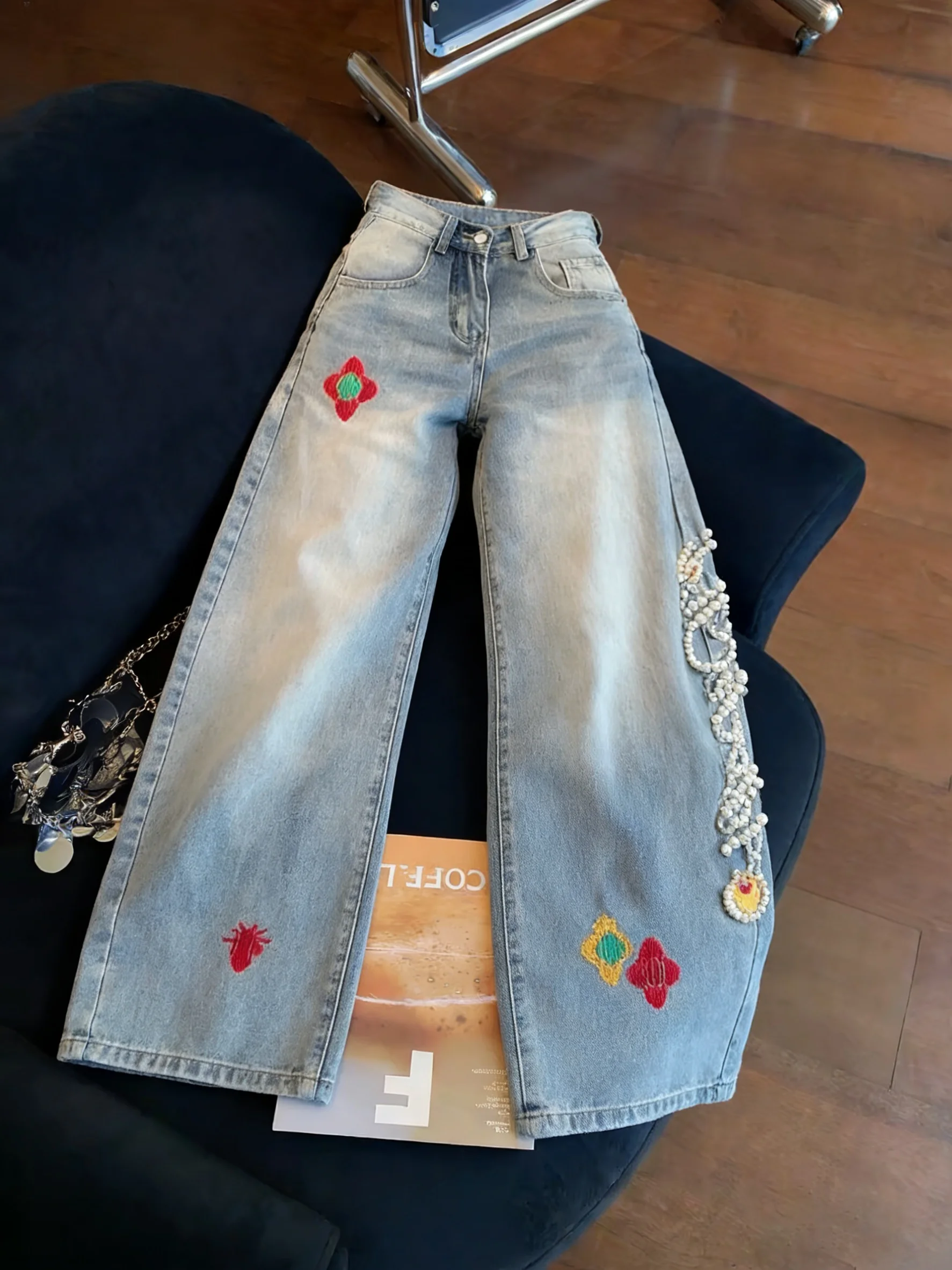 

Джинсы женские прямые с высокой талией, вышивкой и бисером, в стиле ретро-американский «спайси гёрл», свободные, приталенные, широкие штанины, весна-осень