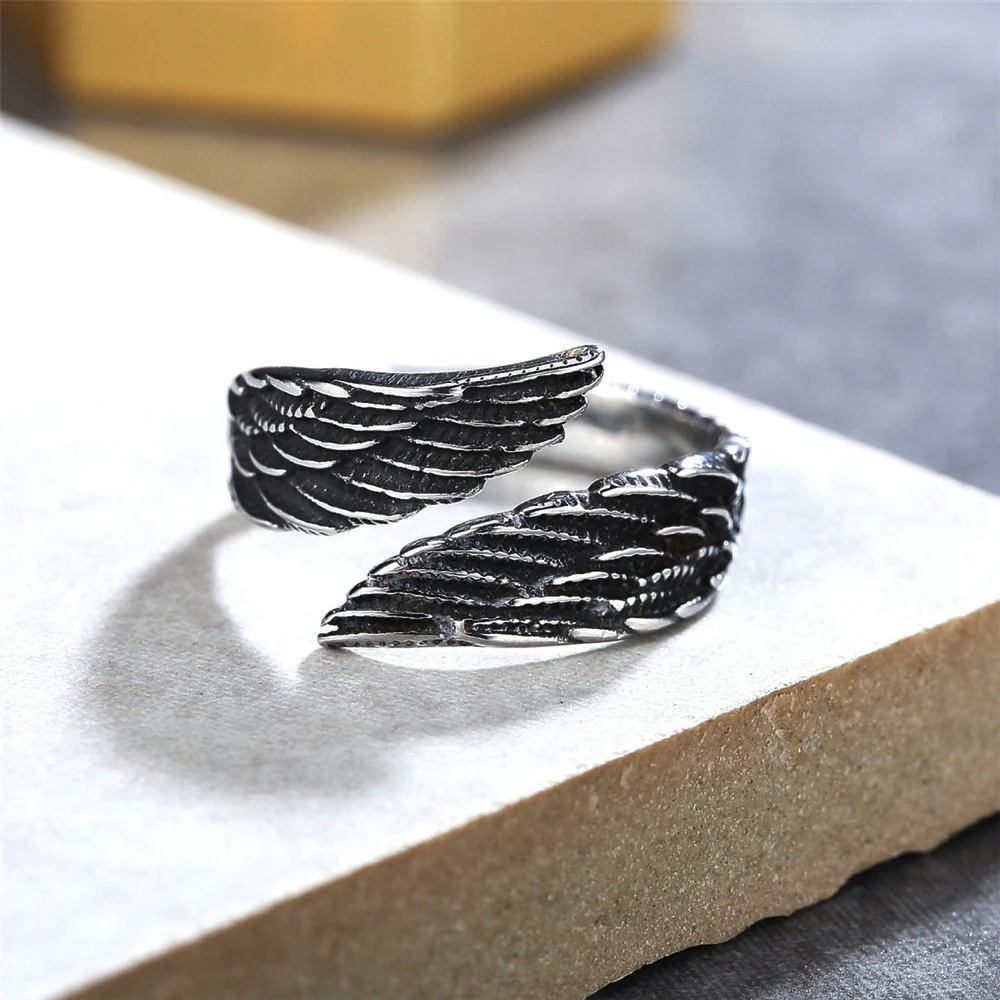 Punk Creative Opening Feather Rings For Men Women 316L Stainless Steel Fashion Biker Feather Goro Ring Jewelry Gift Dropshipping