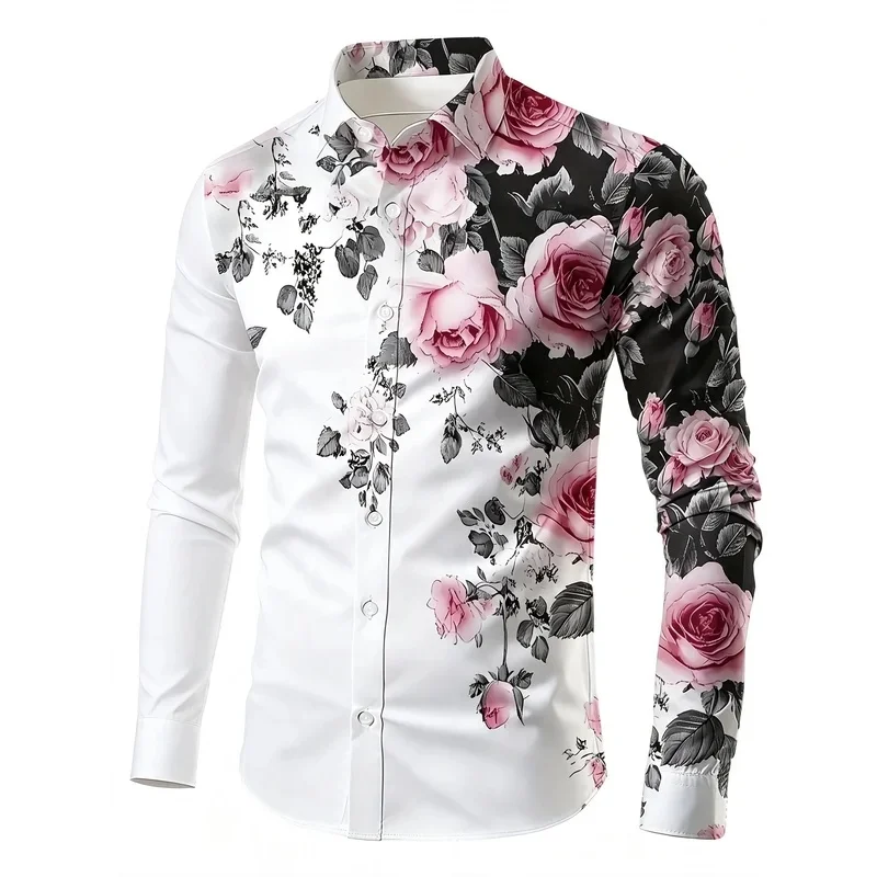 Men's Half Side Pink Rose Floral Print Long Sleeve Shirt Turn Down Collar Button Up Dating Vacation Casual Shirts