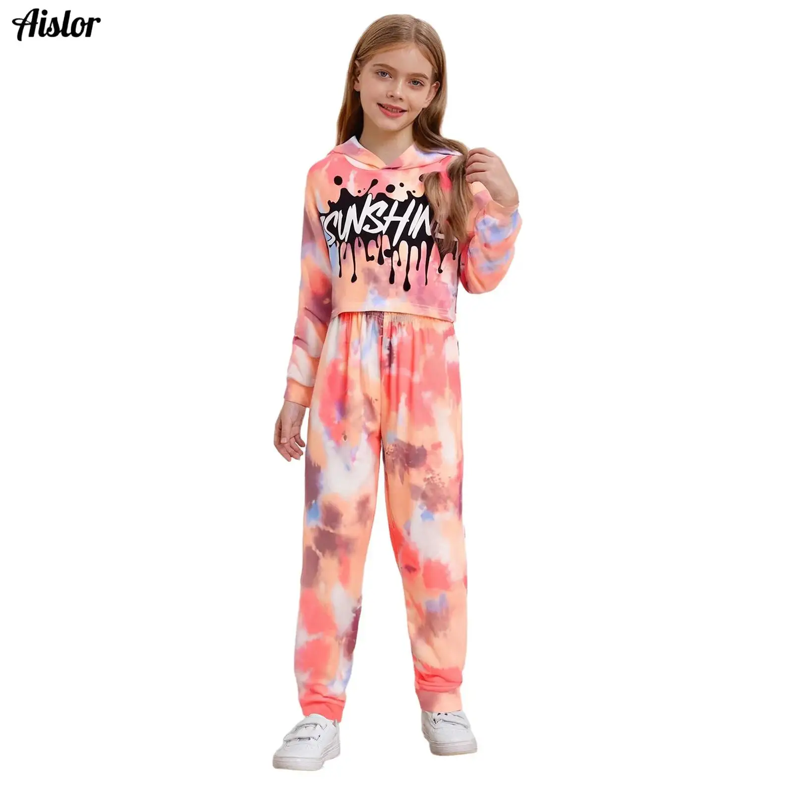 

Kids Girls Tracksuit 3-Piece Tie-Dye Outfit Long Sleeve Letter Printed Hoodie with Camisole Crop Top and Pants Hip-hop Dancewear
