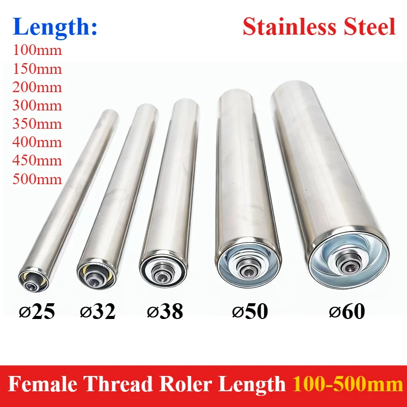 1pc female-threaded Conveyor Rollers Length 100/150/200/250/300/350/400/450/500/550mm Dia 25/32/38/50/60mm for packaging,cutting