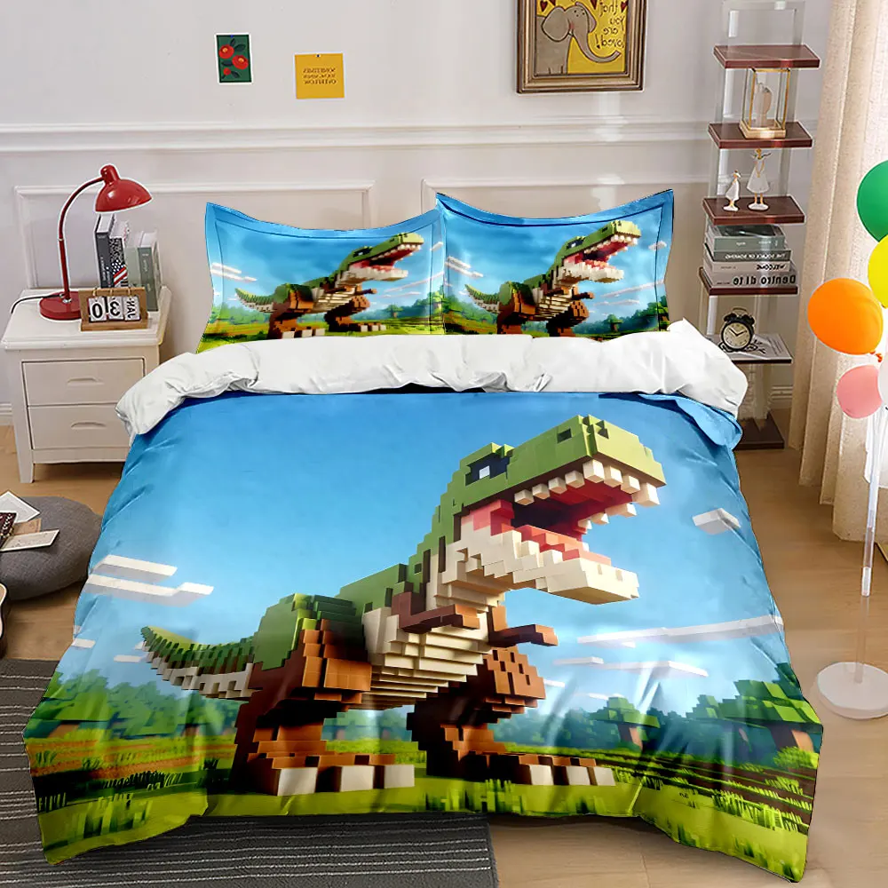 Pixelated dinosaur on grassland Bedding Set for Kids Luxury Gift 3pcs Digital Print Comforter Set Soft Comfortable Breathable