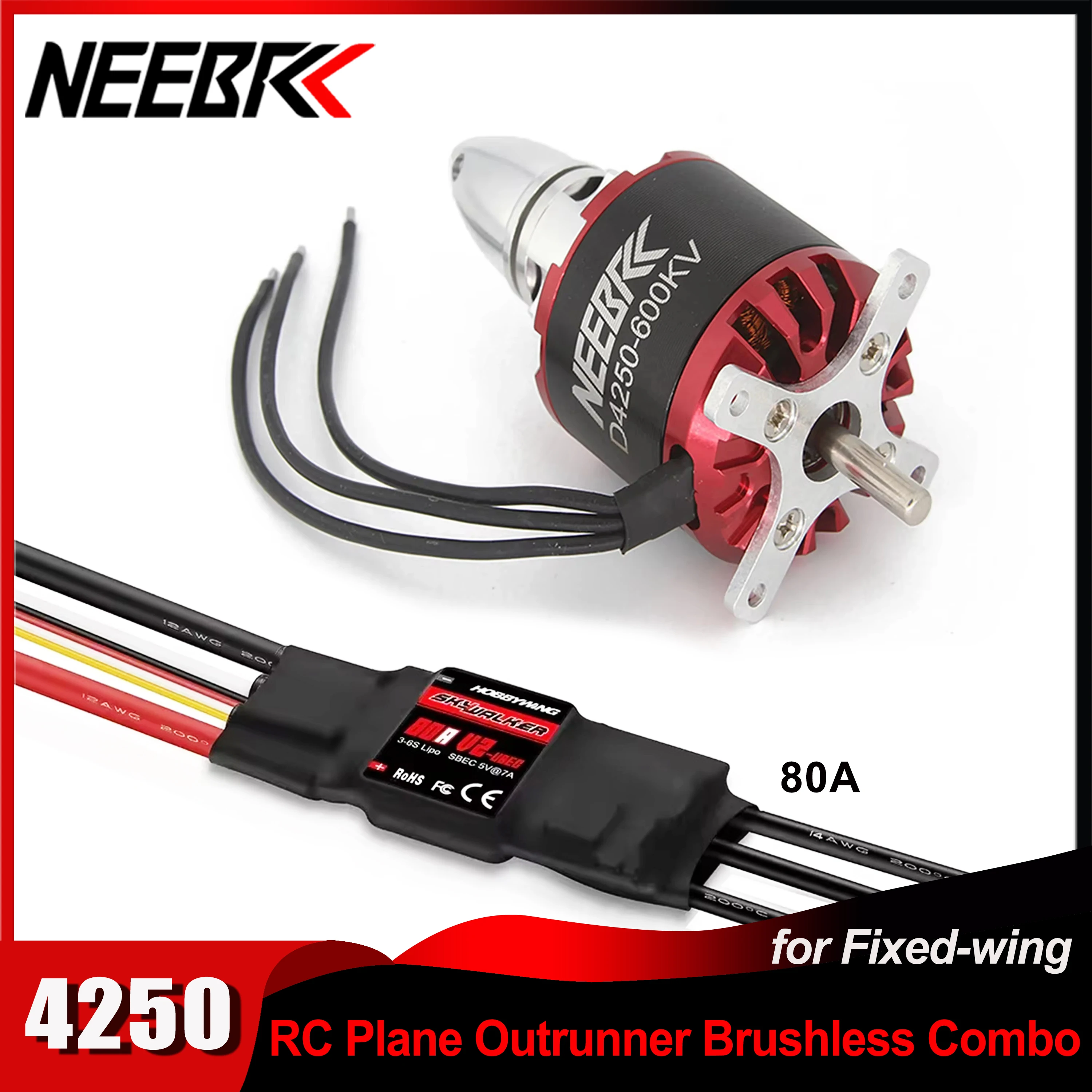 NEEBRC 4250 RC Outrunner Brushless Motor 600KV 800KV 3-7S with 80A V2 ESC Speed Controller for FPV Fix-Wing Drone Multicopter