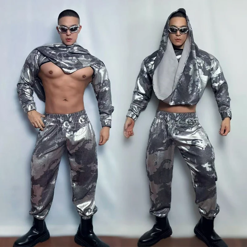 

Adult Hip Hop Jazz Dance Costume Men Gogo Dancer Clothing Futuristic Silver Tops Pants Nightclub Bar Ds Dj Rave Clothes yj391