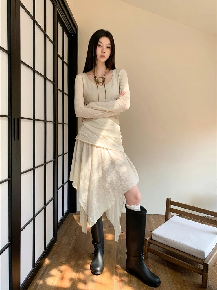 CHEERART Autumn Beige Long Sleeve Knitted Dresses Designer Knee Length Asymmetrical Dress Fashion Fall Clothes 2024 Women