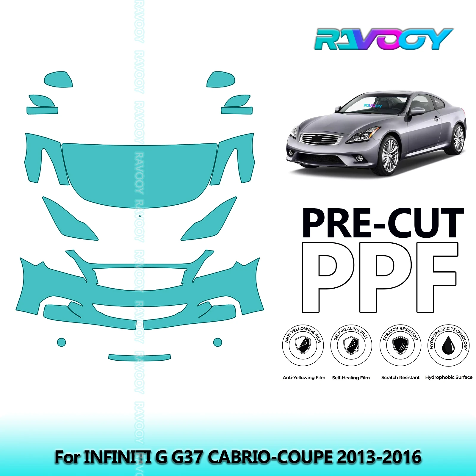 For INFINITI G G37 CABRIO-COUPE 2013-2016 Partial Front 8.5Mil Pre-Cut Paint Protection Film PPF Clear Bra Kit Clear/Matte/Black