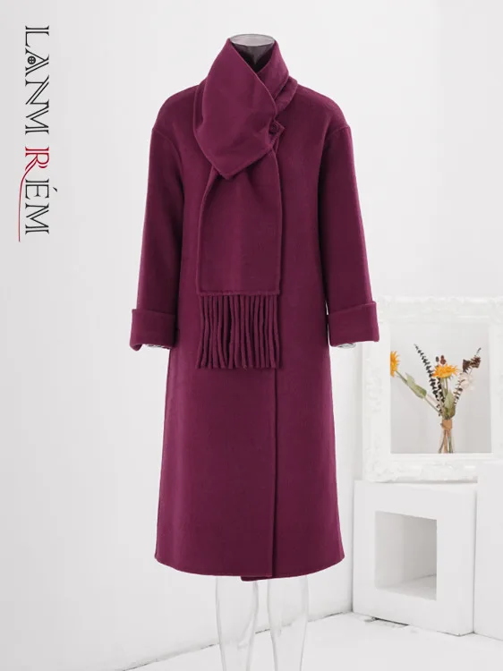 LANMREM Cappotto da donna in lana invernale stile coreano con sciarpa Bottone singolo Tinta unita Abbigliamento lungo caldo Donna Nuovo CPG2172