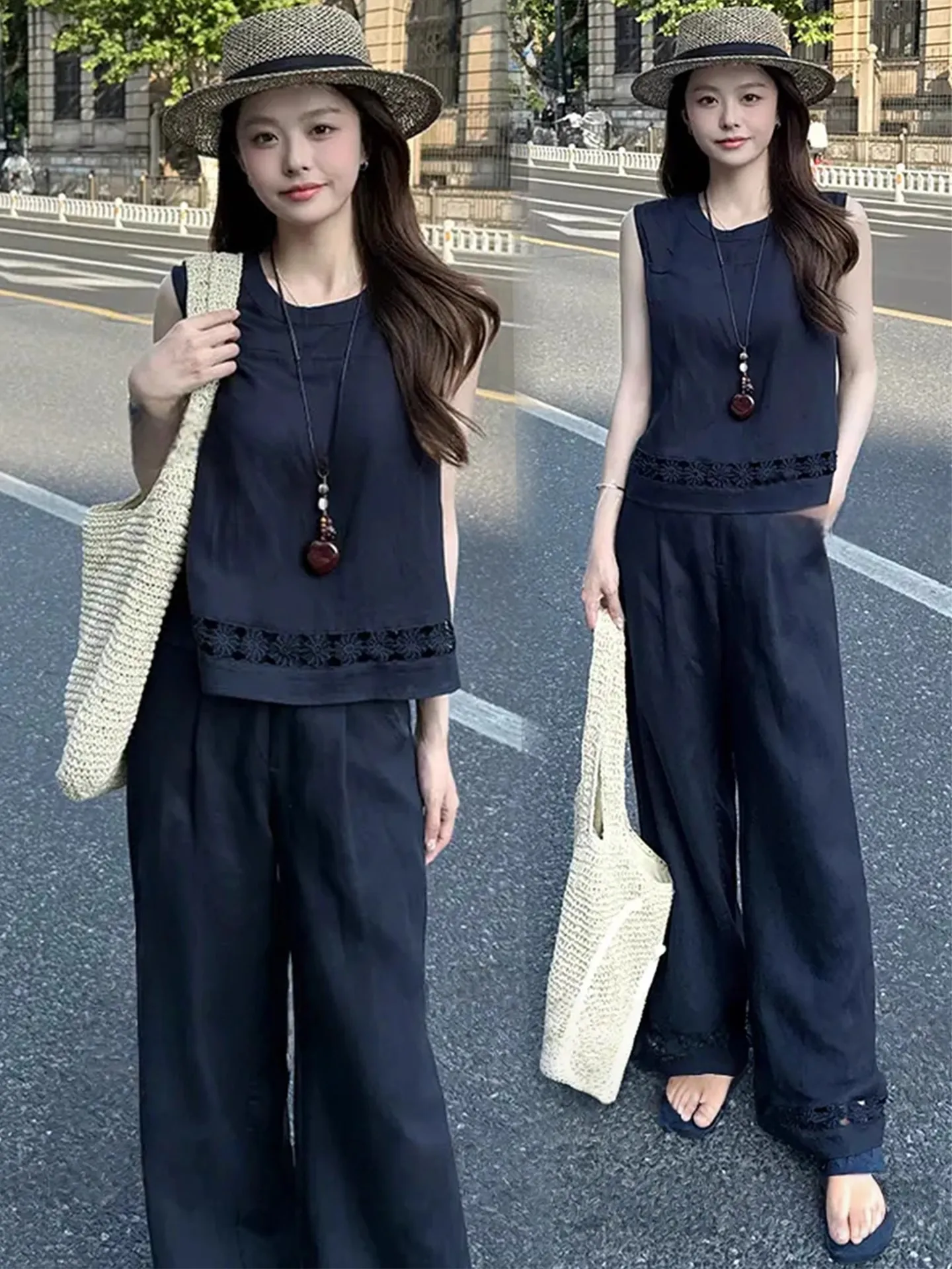 Fashionable Hong Kong Style Two-Piece Set round Neck Sleeveless Top High Waist Wide Leg Pants Slimming Effect Summer New Arrival
