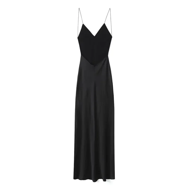 Robe Longue en Satin Noir pour Femme, Vintage, Couleur Unie, Col en V, Dos aux, Slim, Élégante, Soirée, Nouvelle Mode, Été