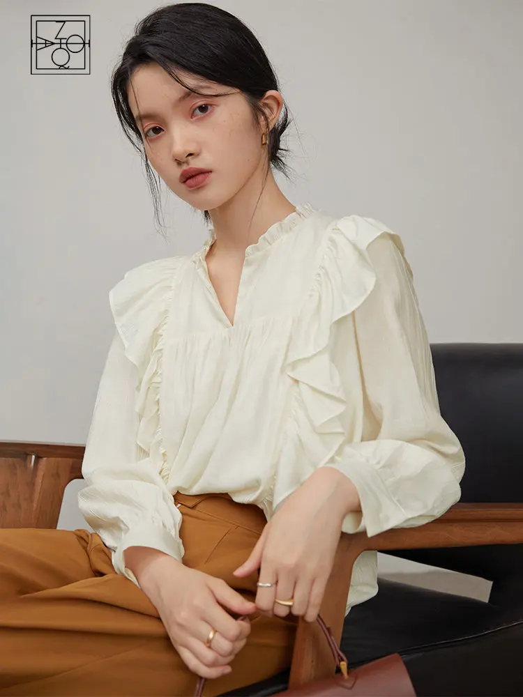 ZIQIAO French Style Gentle Wood Ear Chiffon Shirt for Women Spring New Long-sleeved Ruffle Decoration Small V-neck Top Female