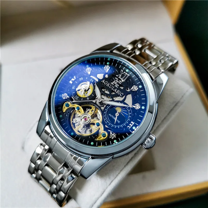 Stainless Steel Skeleton Big Pilot Luminous Waterproof Solid Steel Band Self-Wind Automatic Mechanical Watch for Men