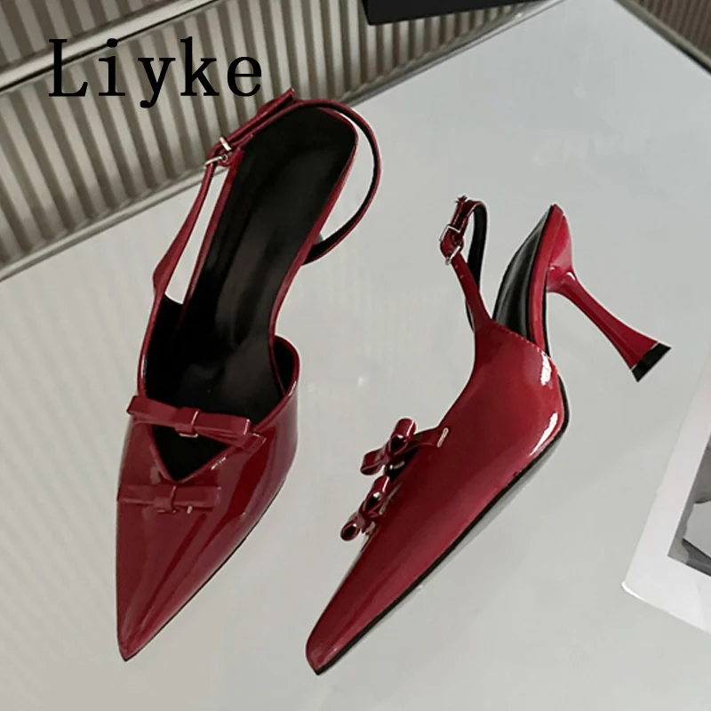 Liyke Designer Butterfly-knot Pointed Toe Stiletto High Heels Mules Sandal Sexy Leopard Print Back Buckle Strap Shoe Women Pumps