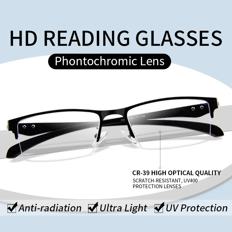 Sunglass Reading Glasses Photochromic lenses Half frame, Presbyopia Eyeglasses Anti Fatigue Diopters To +4.0