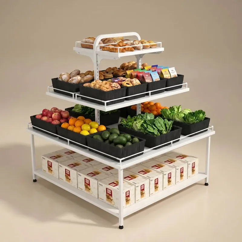 2026 Modular Double-Sided Bread Display Rack 3-Tier Stepped Bread Rack, Heavy Duty Galvanized 1.2mm Steel Retail Product