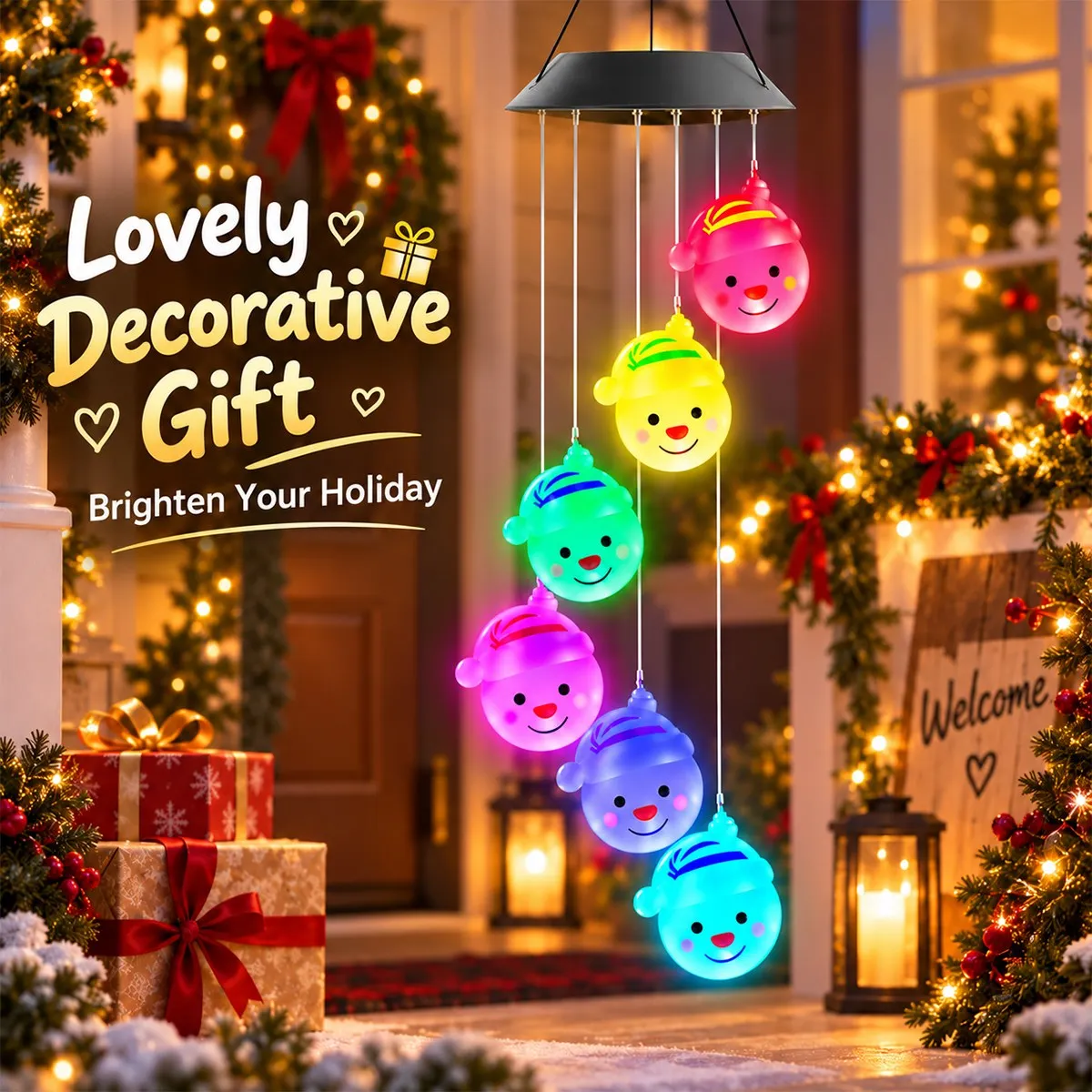 1pc Christmas Wind Chime Light Solar Powered Decorative Joker Hanging Lamp For Home Garden Door Holiday Christmas Decoration ﻿