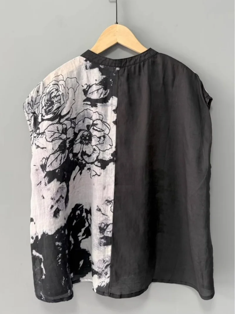 

Linen Thin Stand Up Collar Shirt For Women In Summer Of 2025 Loose Oversized Retro Artistic Asymmetrical Half Sleeved Top w488